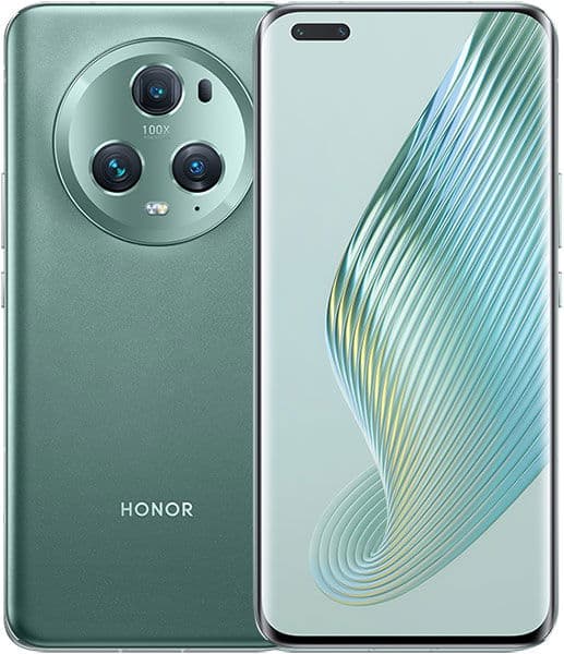 Honor Magic 5 Pro in green shown front and back; rear has round triple camera labeled "100X," front shows abstract swirl display.