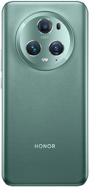 Rear view of green Honor Magic 5 Pro showing triple-lens circular camera, "100X" flash, and HONOR logo near the bottom.