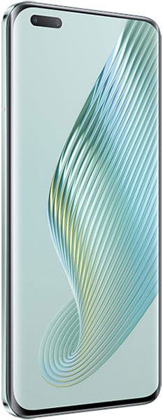 Front view of Honor Magic 5 Pro with curved-edge display, green-blue swirl wallpaper, and dual cameras in top-left pill cutout.