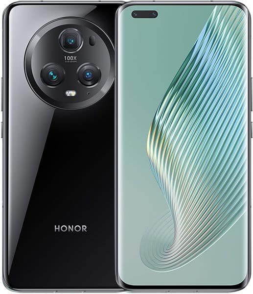 HONOR Magic 5 Pro in black shown front and rear; rear has a large circular multi-lens camera, front displays abstract design.