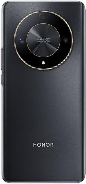 Honor Magic 6 Lite rear view, black smartphone with circular camera module and gold ring accent
