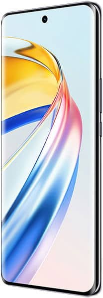 Honor Magic 6 Lite front view, displaying colorful gradient ribbons in yellow, pink, blue, and purple on its screen