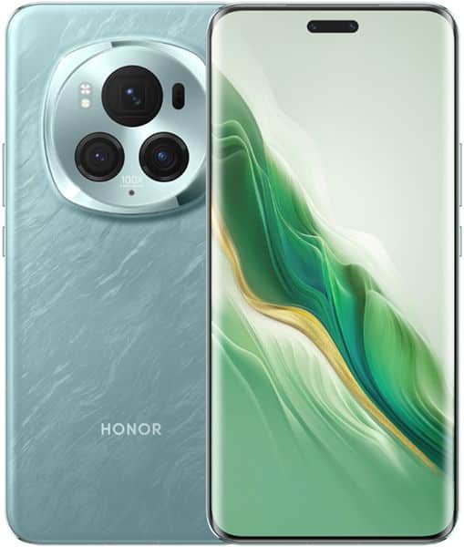 Honor Magic 6 Pro front and rear view, showing light blue textured back with triple camera array and green wallpaper on display screen