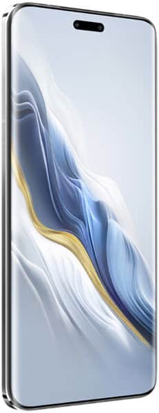 Honor Magic 6 Pro front view with illuminated display showing blue and gold abstract wallpaper and minimal bezel design