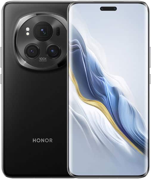 Honor Magic 6 Pro front view with black back panel displaying triple camera system and illuminated display screen