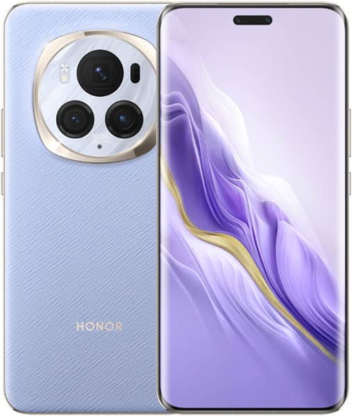 Honor Magic 6 Pro front and rear view, showing light blue back with triple camera setup and purple-gradient display screen