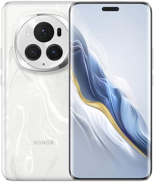 Honor Magic 6 Pro front and rear view, white finish with triple camera system and display showing blue and gold wallpaper