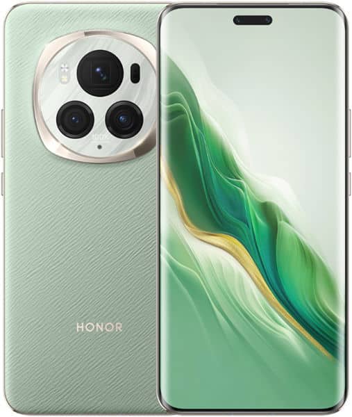 Honor Magic 6 Pro front and rear view, mint green with triple camera system and curved display showing green and gold wallpaper
