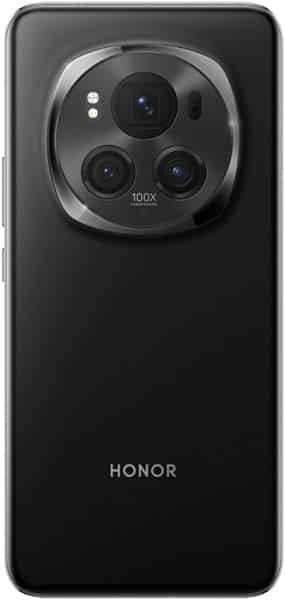 Honor Magic 6 Pro rear view, black finish with circular camera module featuring three lenses and 100x zoom marking