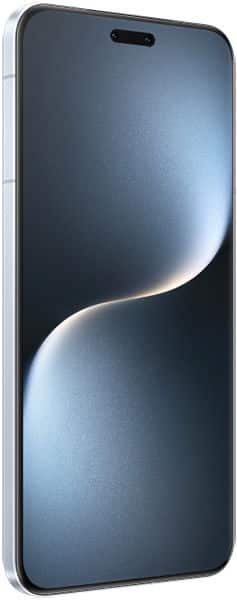 Honor Magic 7 Pro front view with silver frame and edge-to-edge display showing abstract blue and white curved light pattern.