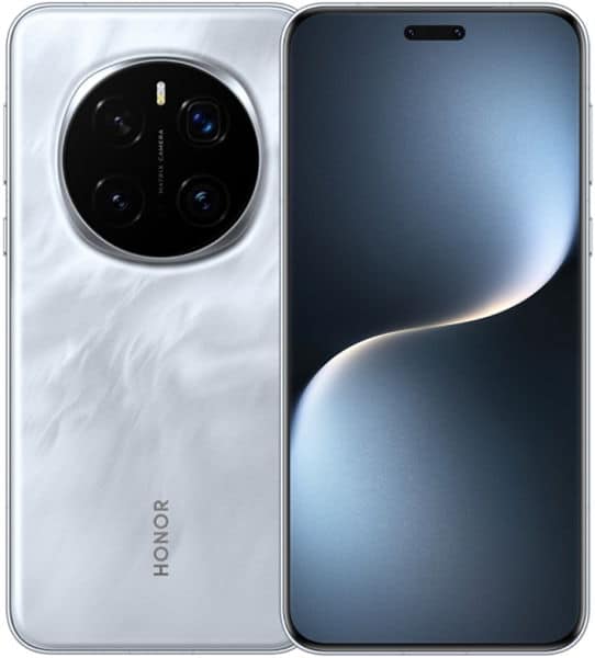 Honor Magic 7 Pro in white shown front and rear; large circular triple camera and flash on back, curved display on front.