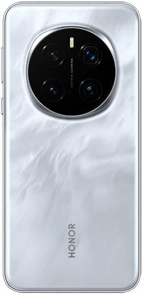 Rear view of silver Honor Magic 7 Pro with marble texture, circular quad-lens camera ring, flash, and HONOR branding at bottom.