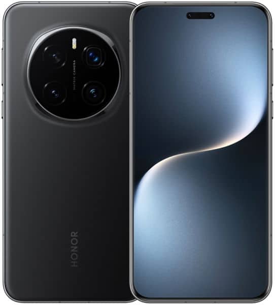 Honor Magic 7 Pro shown front and rear; front has curved wallpaper, rear shows circular triple camera and "HONOR" branding.