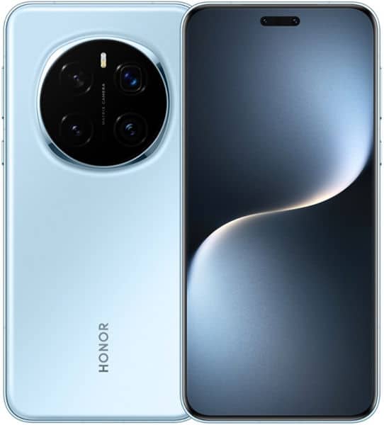 Honor Magic 7 Pro in light blue shown front and rear; triple rear cameras in a circle, pill-shaped cutout on front display.