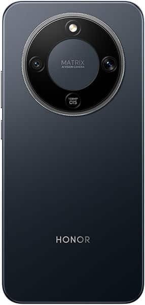 Honor Magic 8 Lite rear view, showing circular camera module with multiple lenses and "MATRIX" branding on black device body