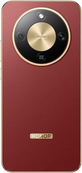 Honor Magic 8 Lite rear view, burgundy with circular camera module featuring gold accent and dual lenses