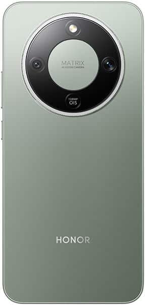 Honor Magic 8 Lite rear view, sage green, showing circular camera module with Matrix branding and dual lenses