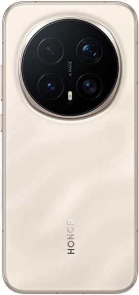 Honor Magic 8 Pro rear view, cream color, showing circular camera module with four lenses and Honor branding