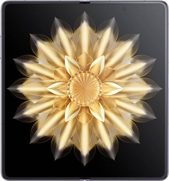 Honor Magic V2 open, displaying gold flower design on black screen