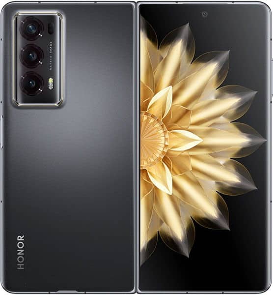 Honor Magic V2 foldable phone, open position showing triple rear cameras on left panel and golden flower wallpaper on right screen