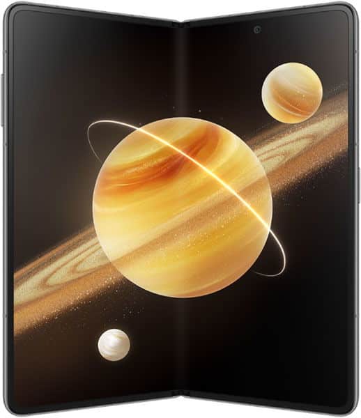Honor Magic V3 foldable phone open, displaying planets and rings on screen against dark background