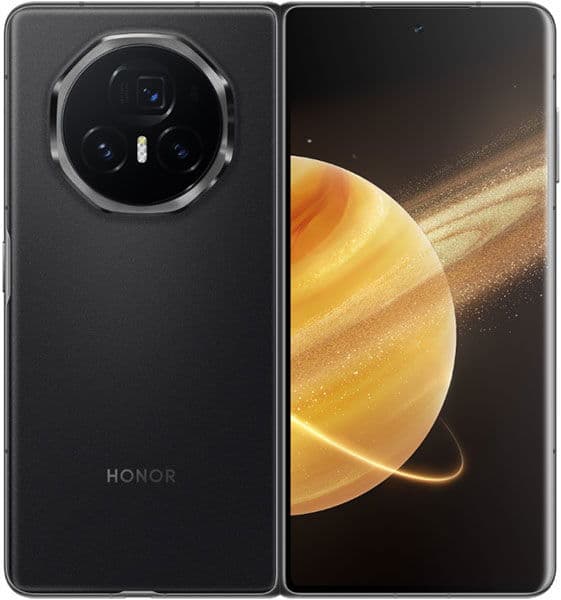 Honor Magic V3 foldable phone open, showing rear camera module on left panel and golden planet wallpaper on right screen
