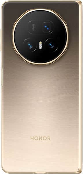 Honor Magic V5 rear view, champagne gold finish with circular camera module containing three lenses