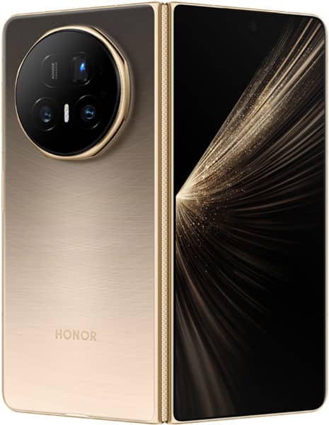 Honor Magic V5 foldable phone open, showing gold frame, circular camera module on back, and display with gold light effect design