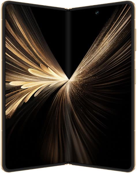 Honor Magic V5 foldable phone in open position, displaying gold and black abstract light pattern across dual screens