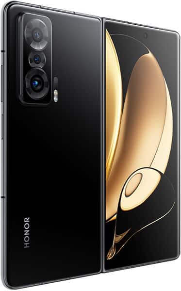 Honor Magic V foldable phone shown open, displaying gold and black curved design on screen, with triple camera array on rear panel