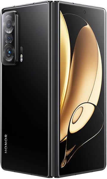 Honor Magic V foldable phone shown open and closed, displaying black exterior with triple rear cameras and gold-accented interior screen