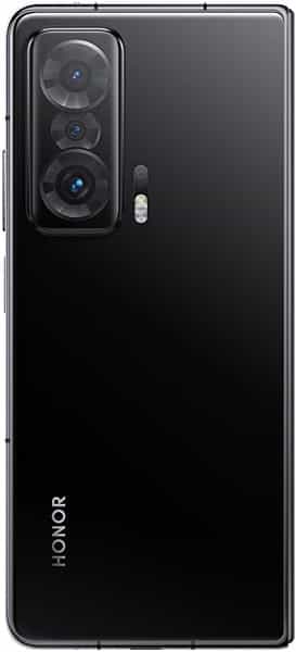 Honor Magic V rear view showing triple camera setup and black finish with silver frame