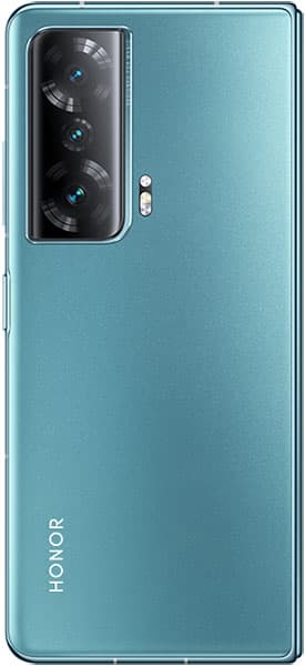 Rear view of teal HONOR Magic Vs showing rectangular triple-lens camera, flash, and HONOR branding near the bottom.