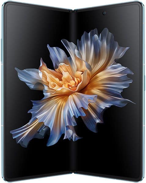 Front view of Honor Magic Vs unfolded, showing its large seamless display with a vibrant abstract flower in gold, blue, and purple.