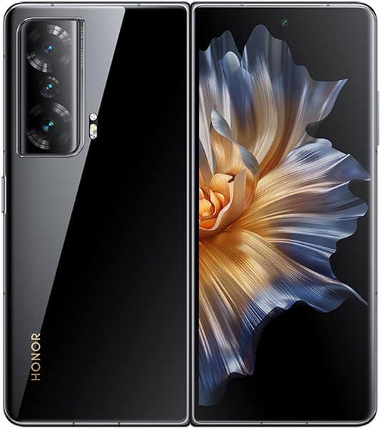 Honor Magic Vs in black shown front and rear: triple rear cameras with logo, front display with colorful flower wallpaper.