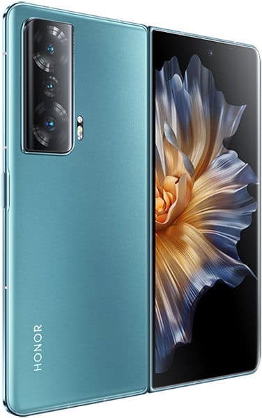 Teal Honor Magic Vs foldable phone, partially open, shows rear triple camera and inner display with vivid flower wallpaper.