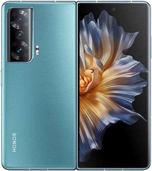 Teal Honor Magic Vs shown front and rear; rear has triple cameras and HONOR logo, front displays flower-themed wallpaper.