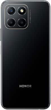 Rear view of black Honor X6 showing four square-arranged cameras, LED flash in top left, and centered HONOR branding at bottom.