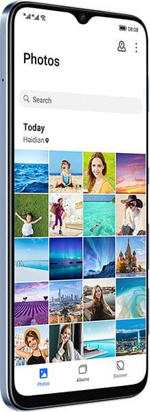 Front view of Honor X6 smartphone showing photo gallery app with a grid of thumbnails, search bar, and bottom navigation icons.