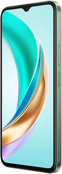 Honor X6b smartphone front view, green frame, display with teal, gold, purple curves; power and volume buttons on right side.