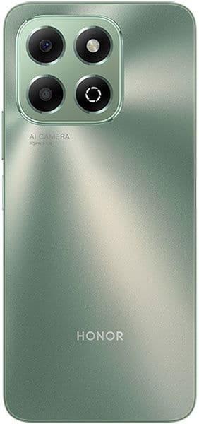 Rear view of green Honor X6b, showing square triple-lens camera with flash in top left and HONOR logo at the bottom.