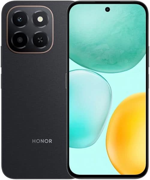 Honor X6c front and back views showing black finish, quad rear cameras, and turquoise and yellow display wallpaper
