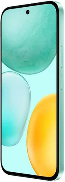 Honor X6c front view, mint green phone displaying colorful abstract design on screen, camera notch visible at top