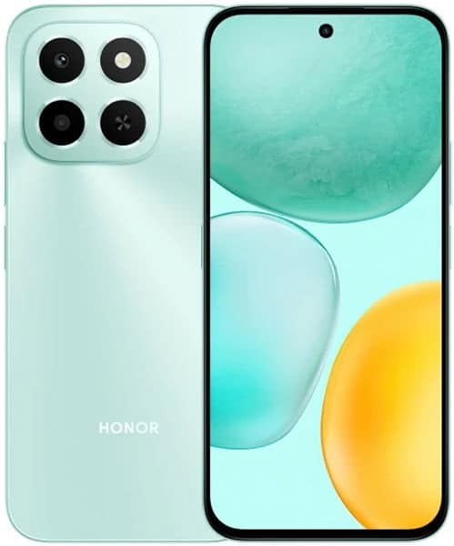 Honor X6c front and rear view, light green phone with quad camera setup and display showing turquoise and yellow abstract design
