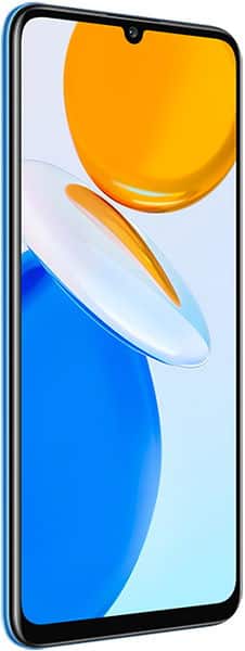 Honor X7 front view with large edge-to-edge screen, abstract yellow and blue wallpaper, and top-center notch for front camera.