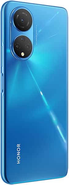 Rear view of blue Honor X7 showing dual rear cameras in a round module, flash, glossy finish, and HONOR logo at bottom corner.