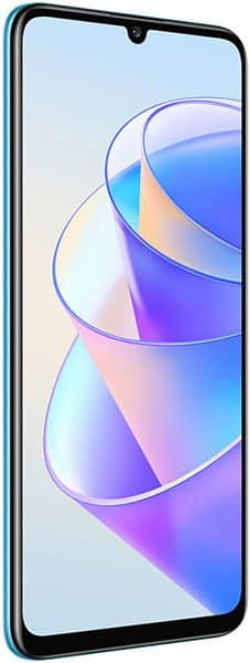 Honor X7a angled front view showing slim blue frame and display with colorful abstract design in blue, purple, and orange.