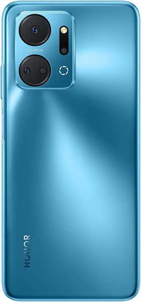 Rear view of blue Honor X7a showing dual cameras, flash, HONOR logo on lower left, and a reflective glossy finish.