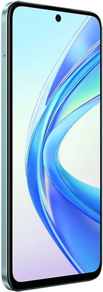 Honor X7b smartphone shown front-facing, displaying blue curved design wallpaper on screen with waterdrop notch at top