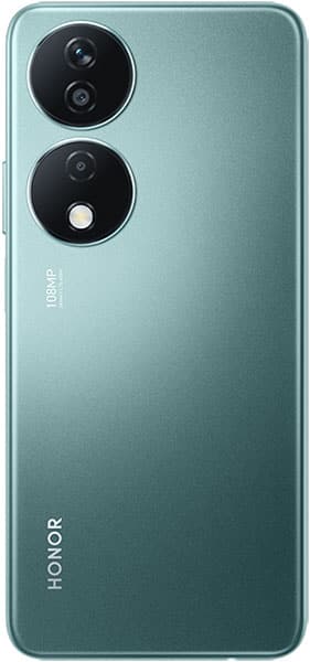 Honor X7b rear view, teal finish with dual circular camera lenses and LED flash